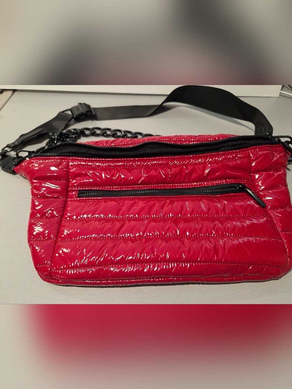 BCBGeneration Red Puffer Crossbody Bag with Chain Detail